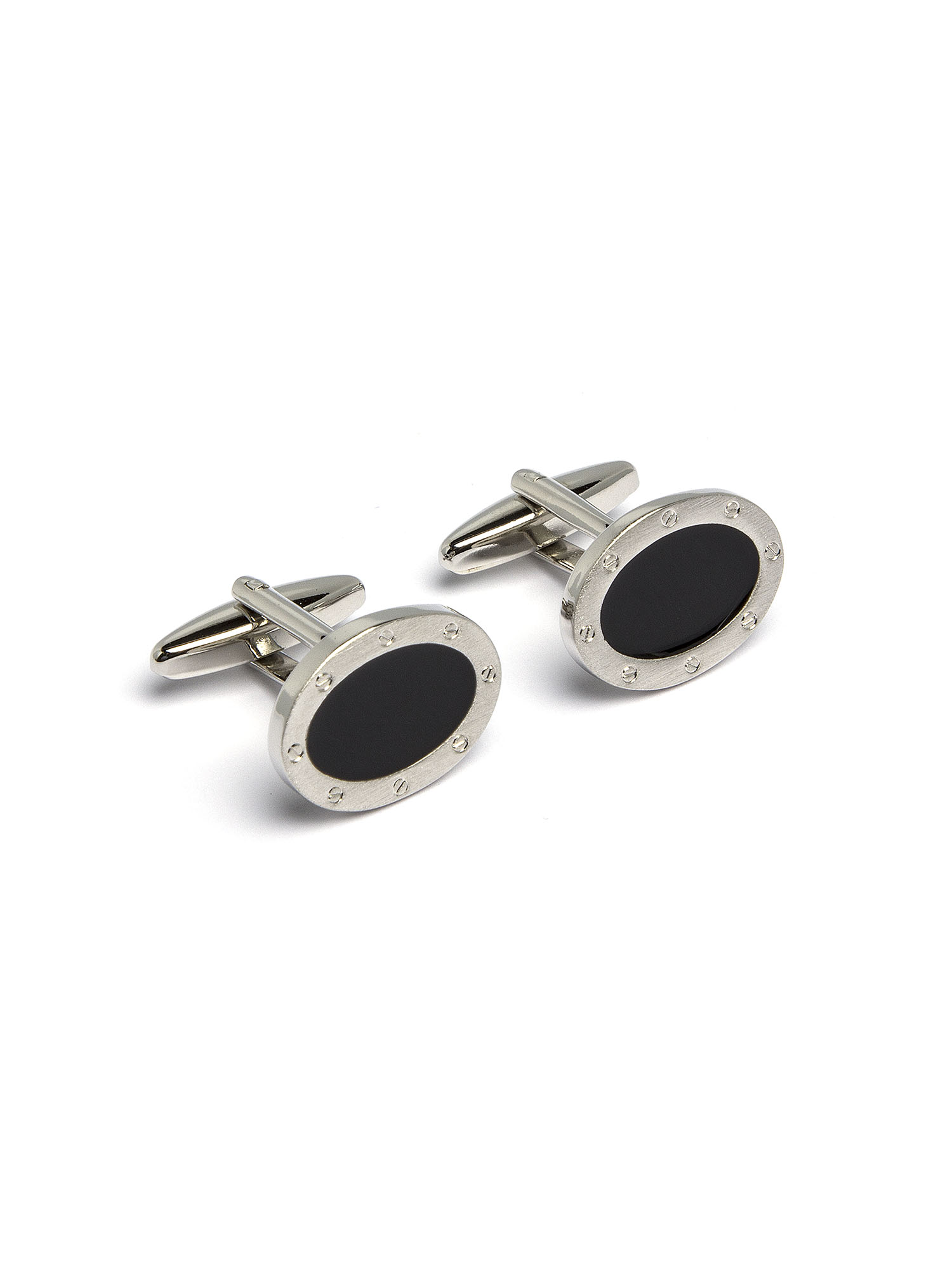 MENS BRUSHED SILVER AND BLACK OVAL CUFFLINK SET