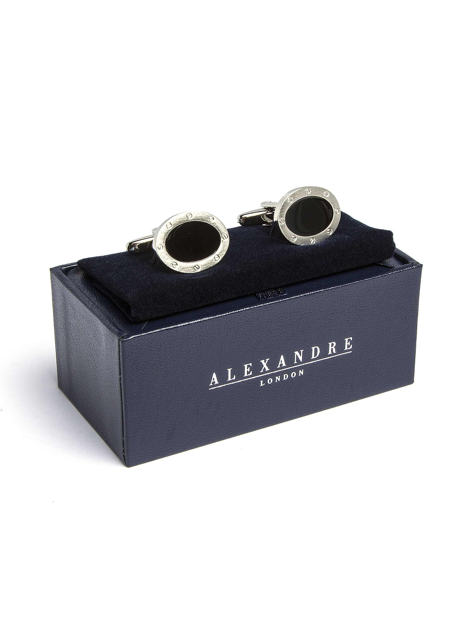 MENS BRUSHED SILVER AND BLACK OVAL CUFFLINK SET