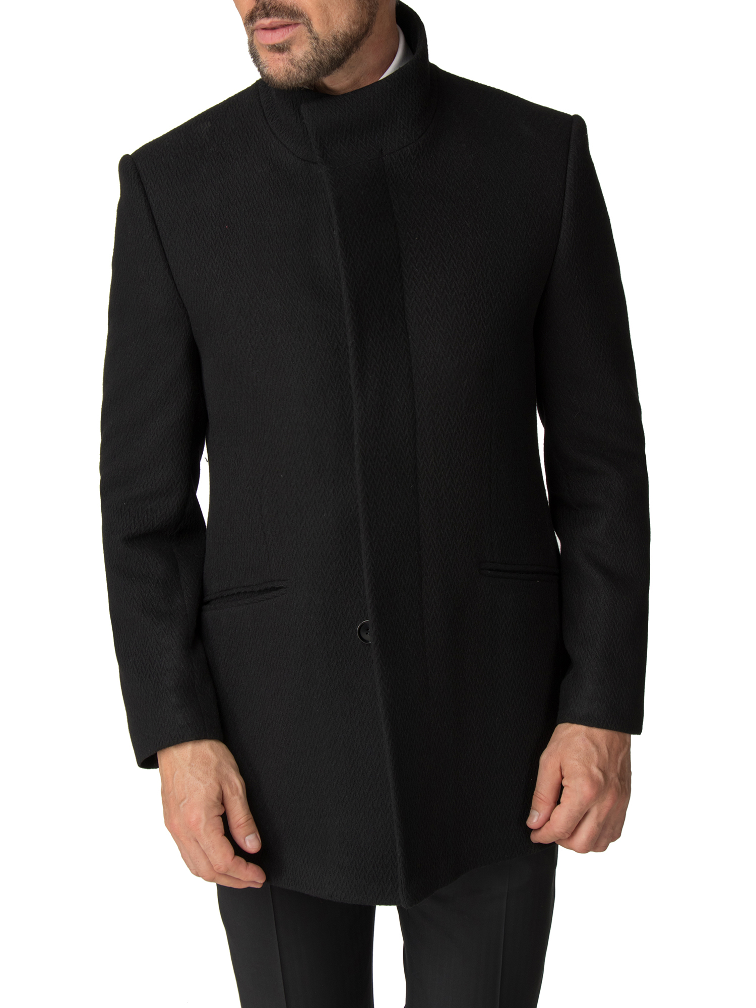 BLACK ZIG ZAG FUNNEL NECK COLLAR OVERCOAT