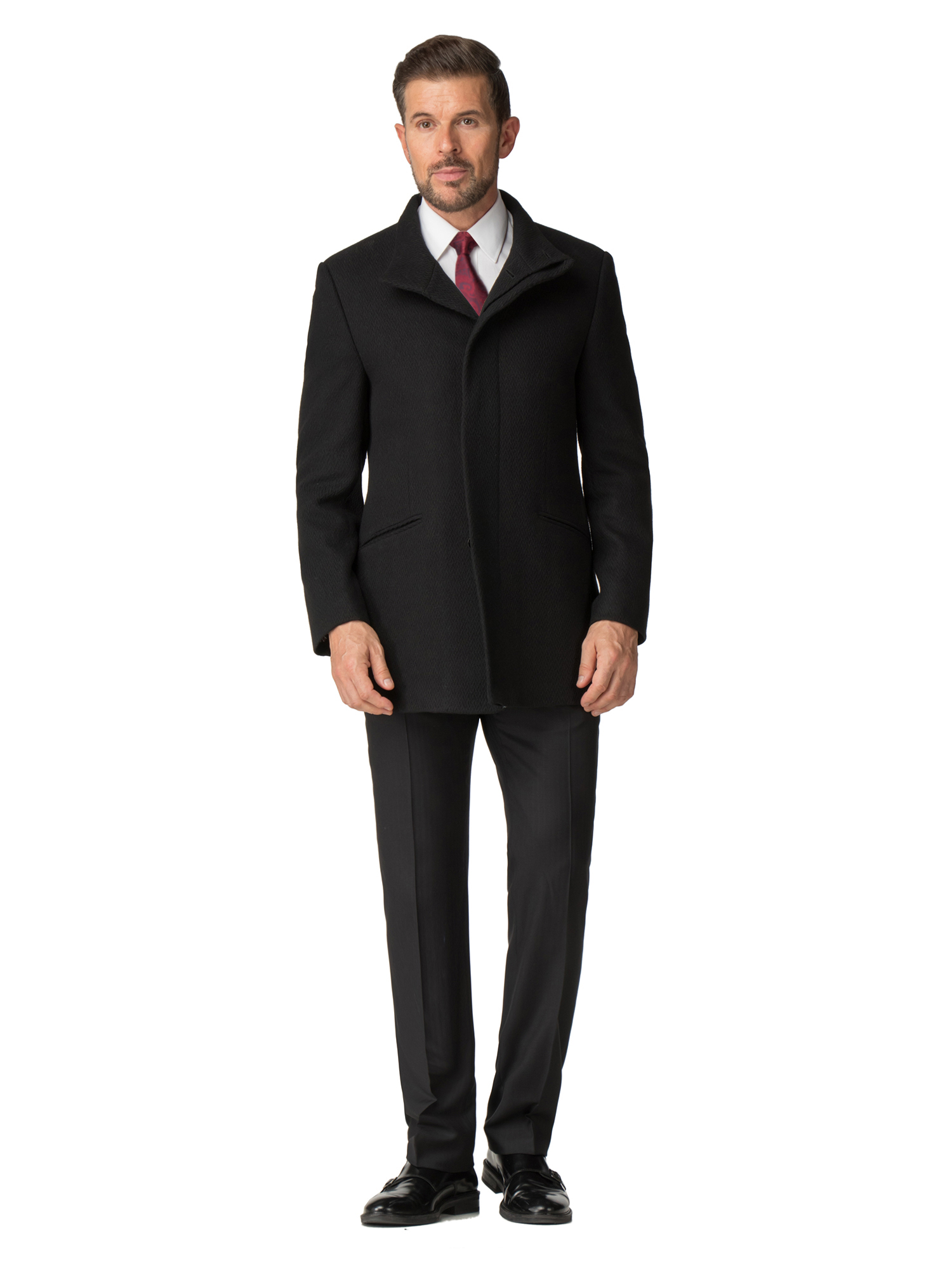 BLACK ZIG ZAG FUNNEL NECK COLLAR OVERCOAT