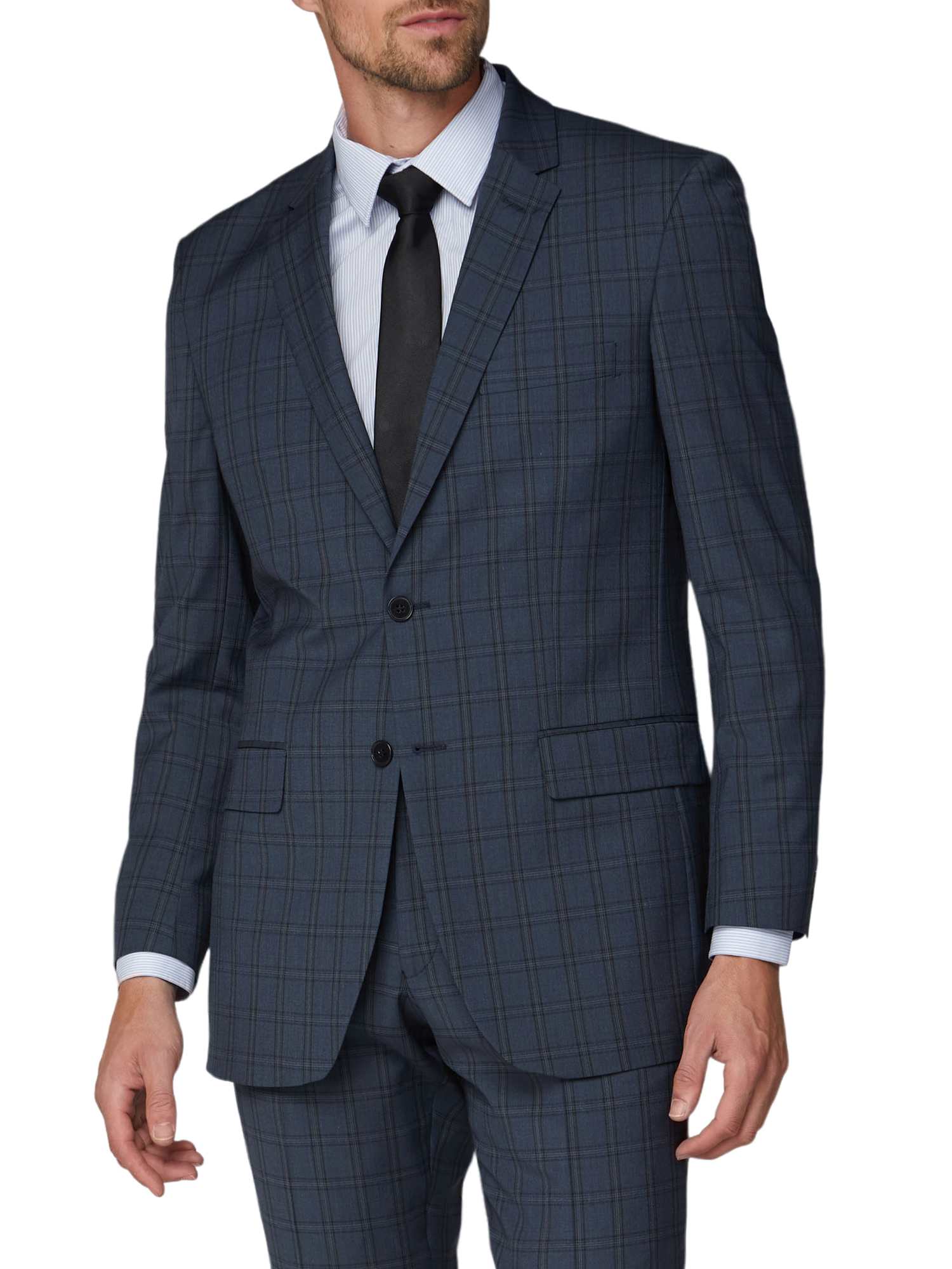 Blue with Black Overcheck Regular Fit Suit