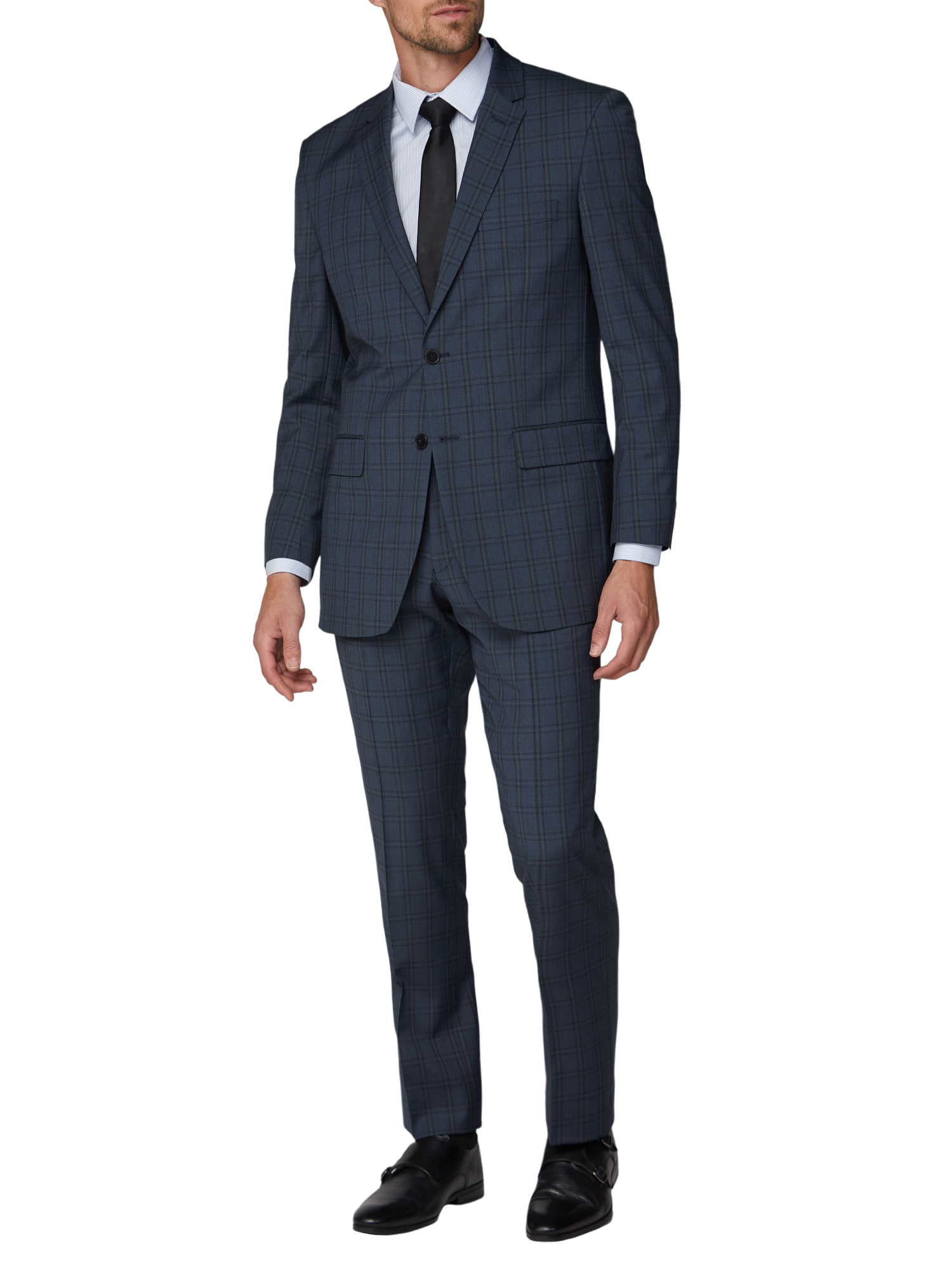 Blue with Black Overcheck Regular Fit Suit