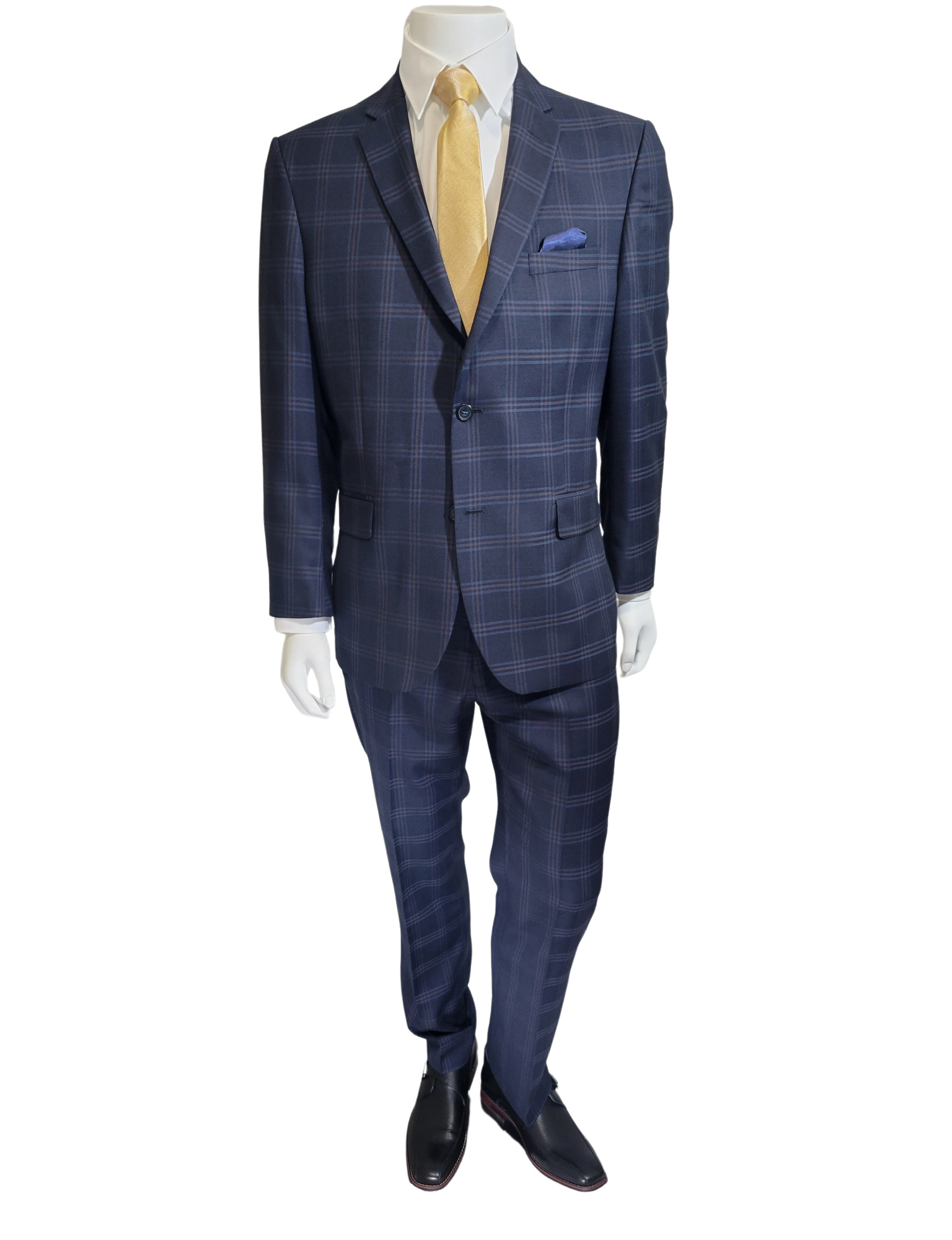 NAVY BLUE RED OVERCHECK REGULAR FIT SUIT